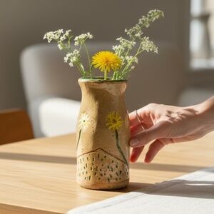 Handmade Studio Pottery Vase with Yellow Flowers Local Artist Stoneware 4 3/16”